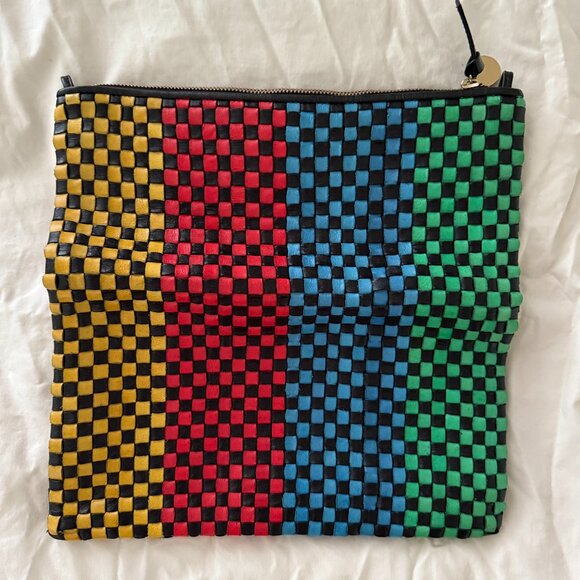 1- clare v foldover clutch or tote convertible checkerboard leather woven r… - Picture 1 of 7
